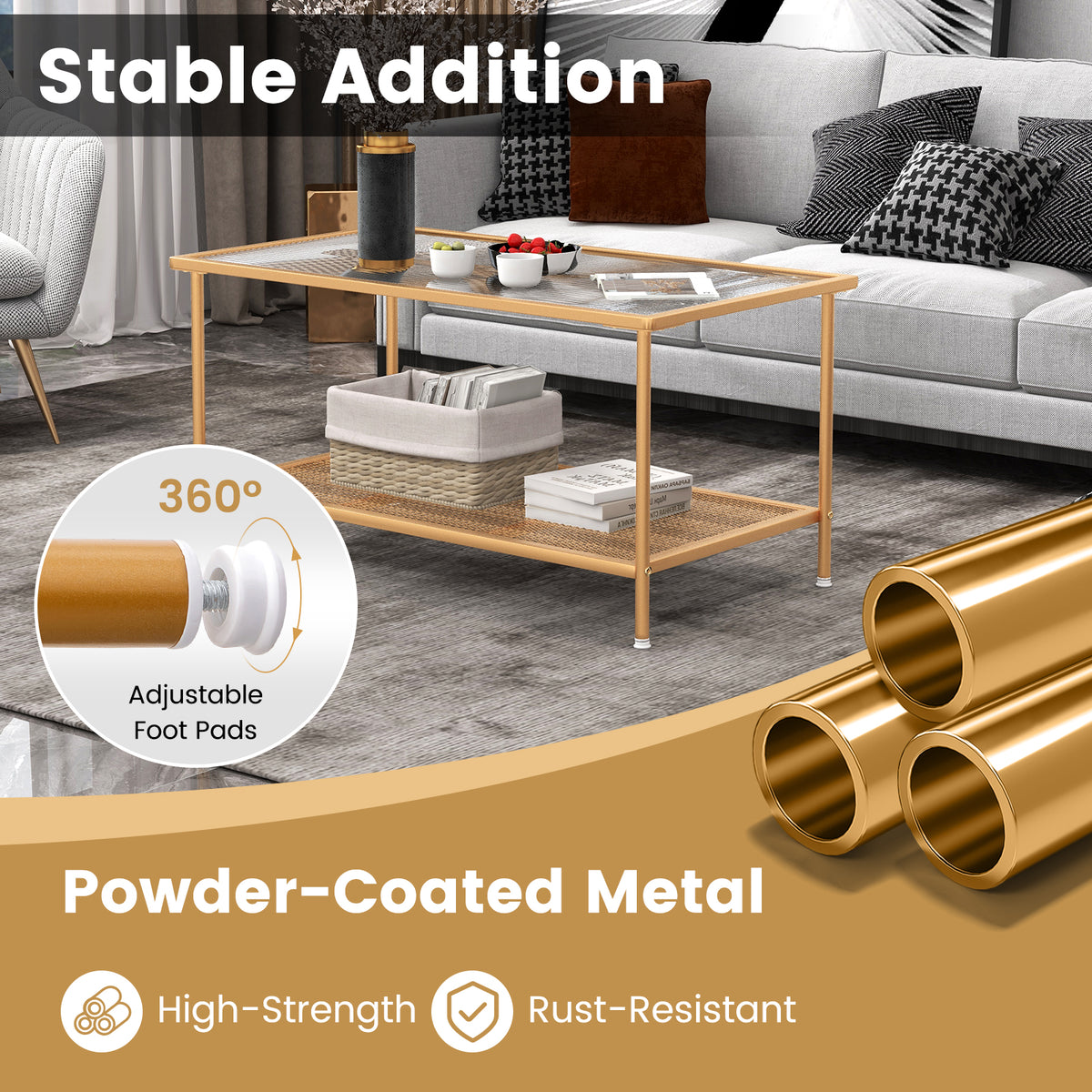 2-Tier Coffee Table with Tempered Glass Top - Golden