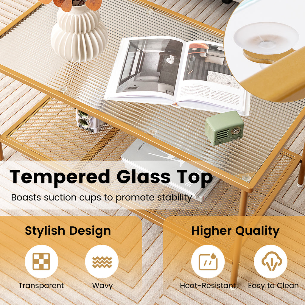 2-Tier Coffee Table with Tempered Glass Top - Golden