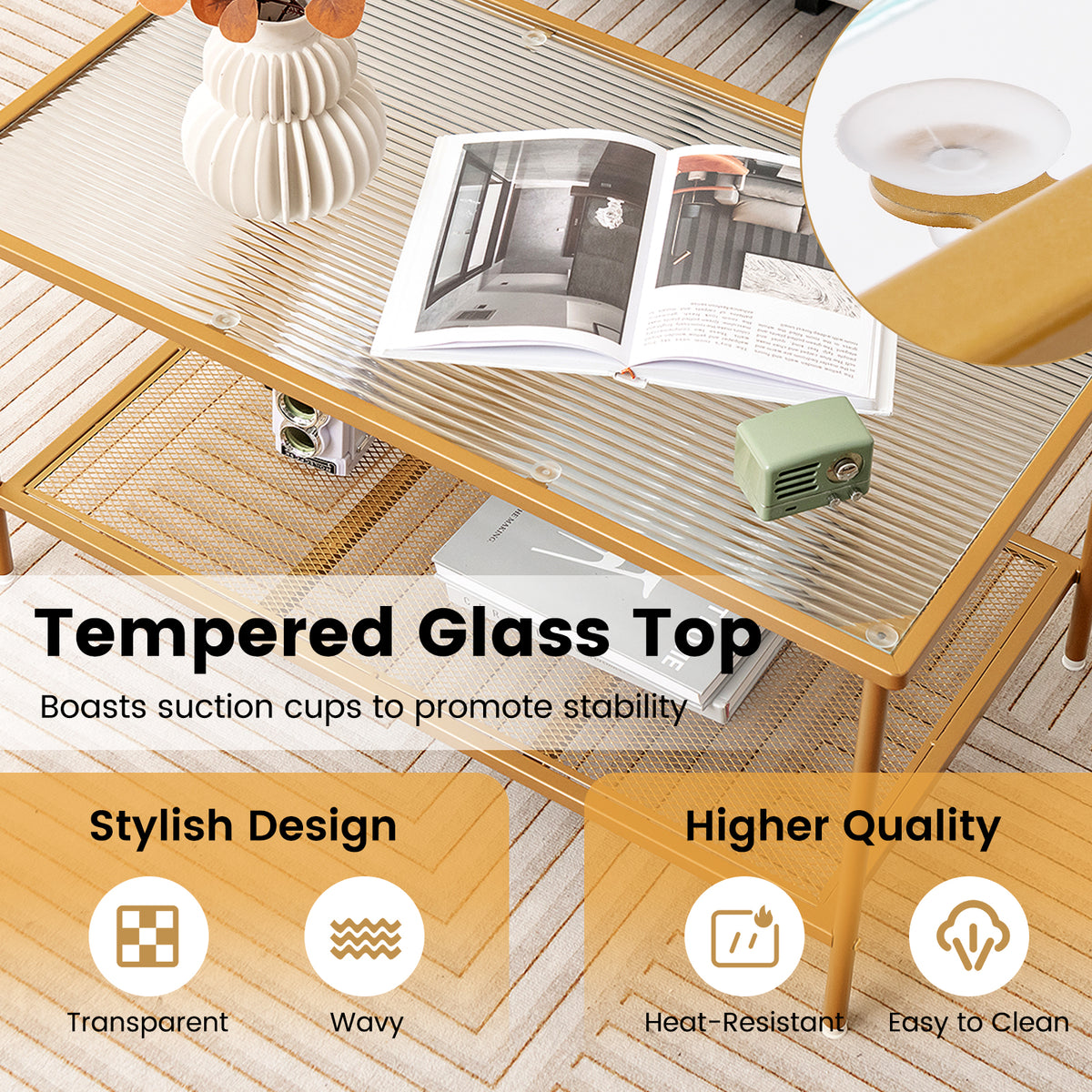 2-Tier Coffee Table with Tempered Glass Top - Golden