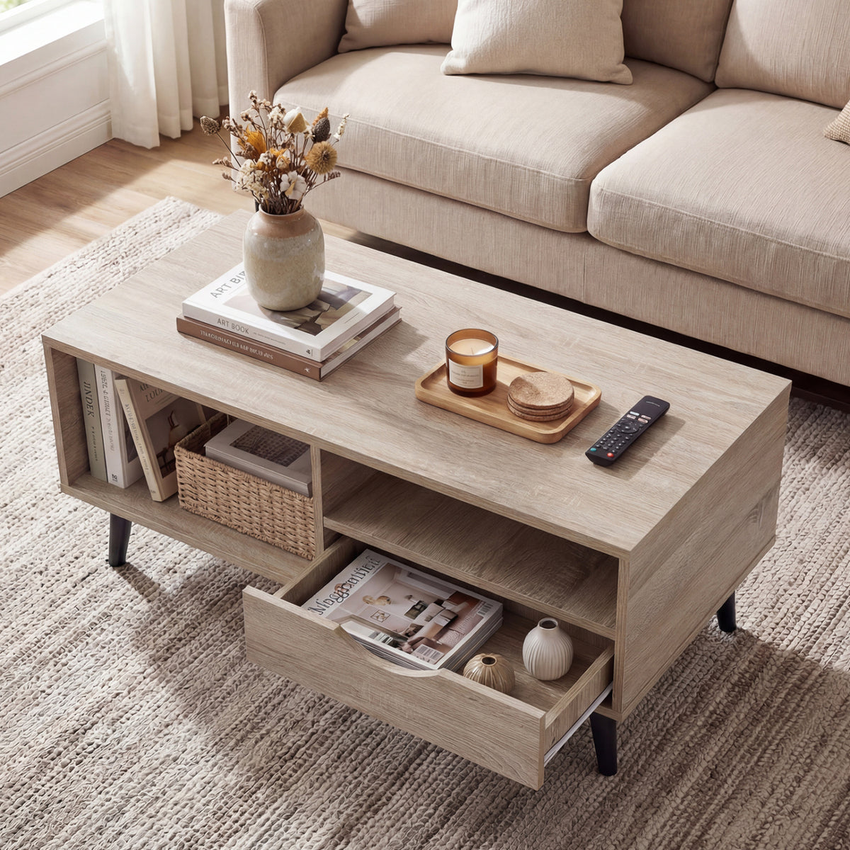 Rustic Rectangle Coffee Table with Storage - Natural