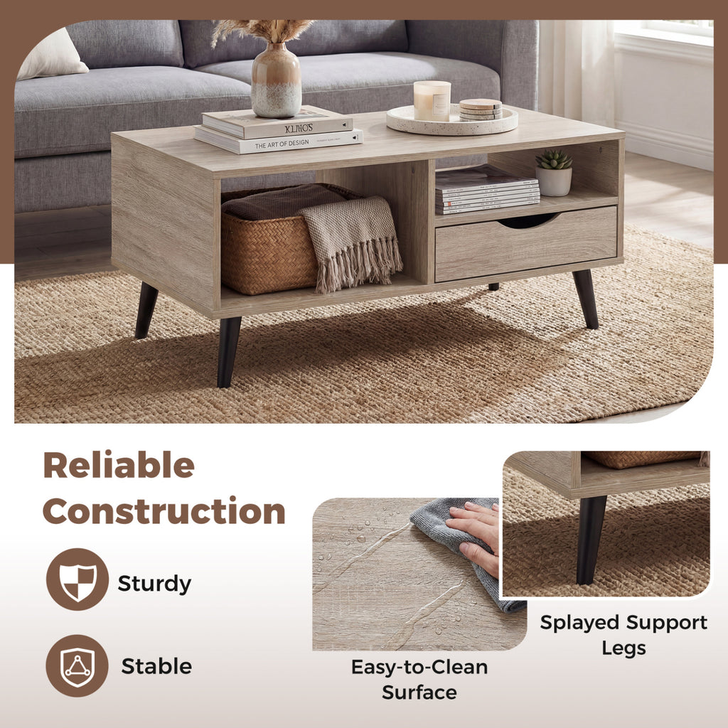 Rustic Coffee Table with Storage & Drawer - Natural