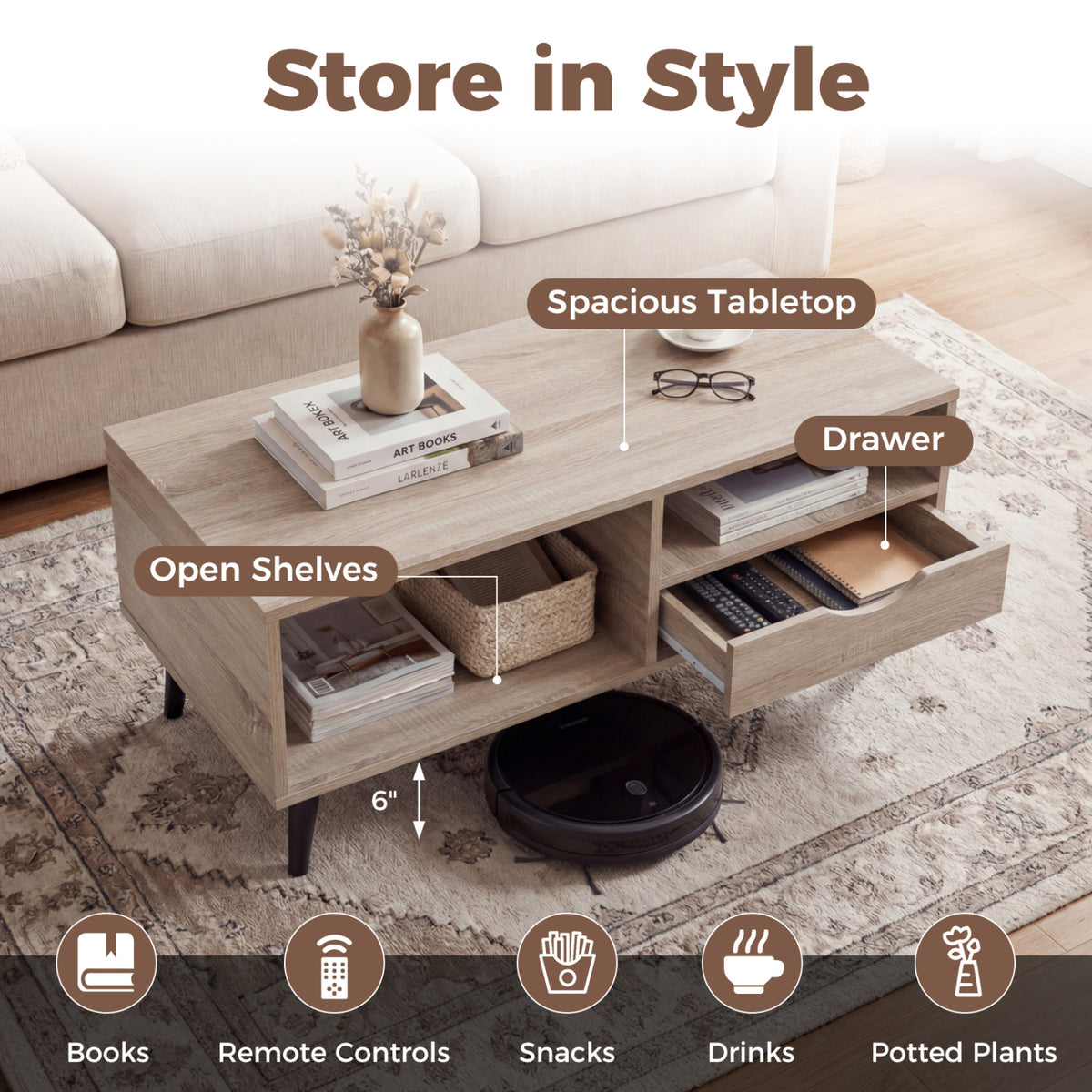 Rustic Rectangle Coffee Table with Storage - Natural