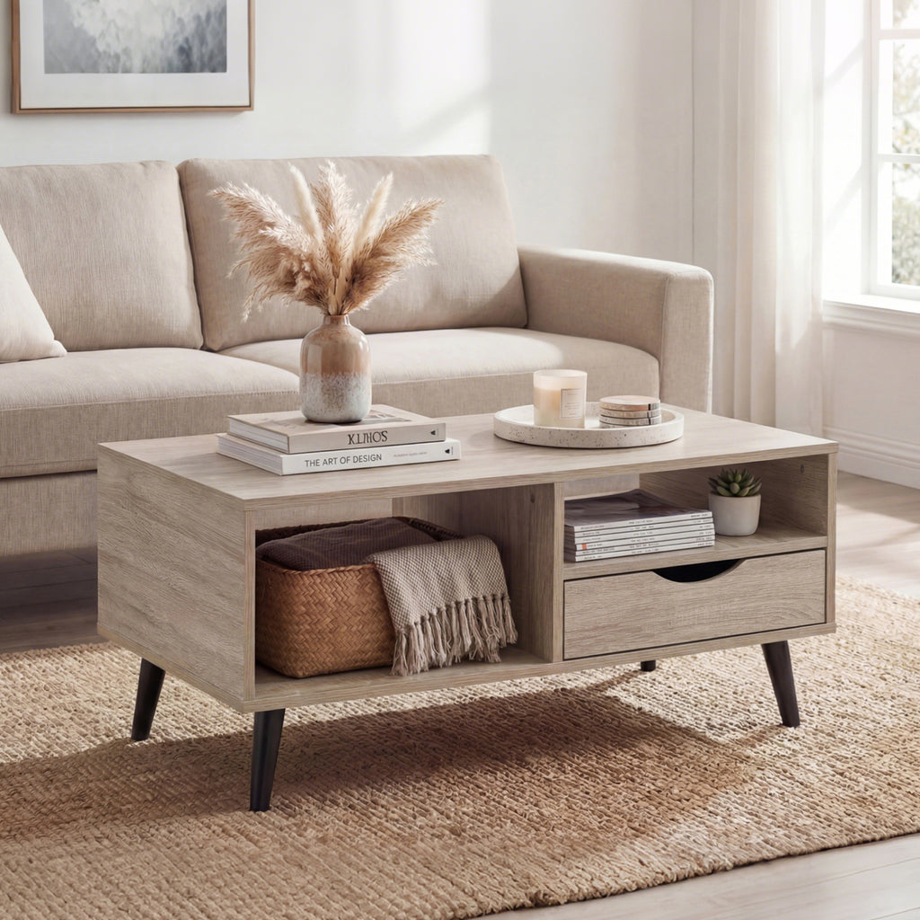 Rustic Coffee Table with Storage & Drawer - Natural