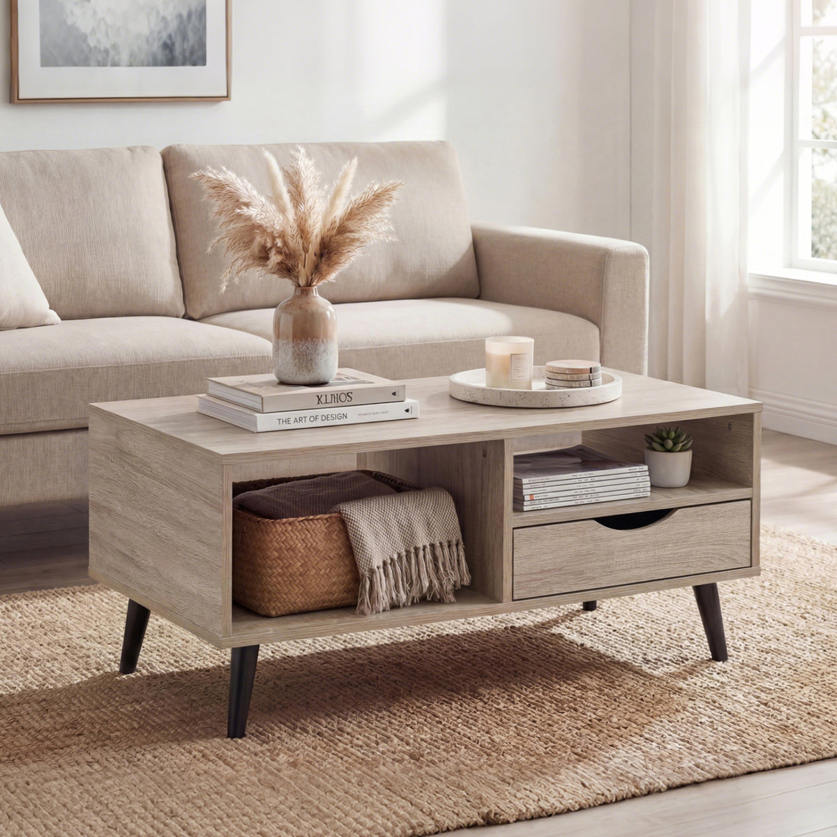 Rustic Coffee Table with Storage & Drawer - Natural
