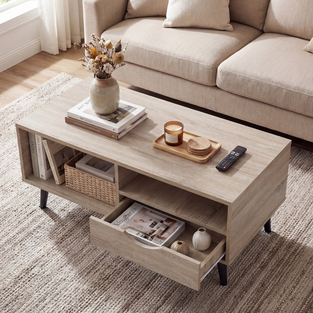 Rustic Coffee Table with Storage & Drawer - Natural