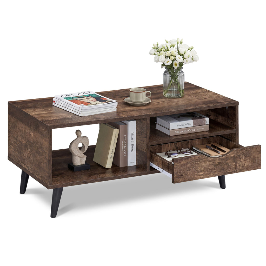 Rustic Coffee Table with Storage & Drawer - Natural