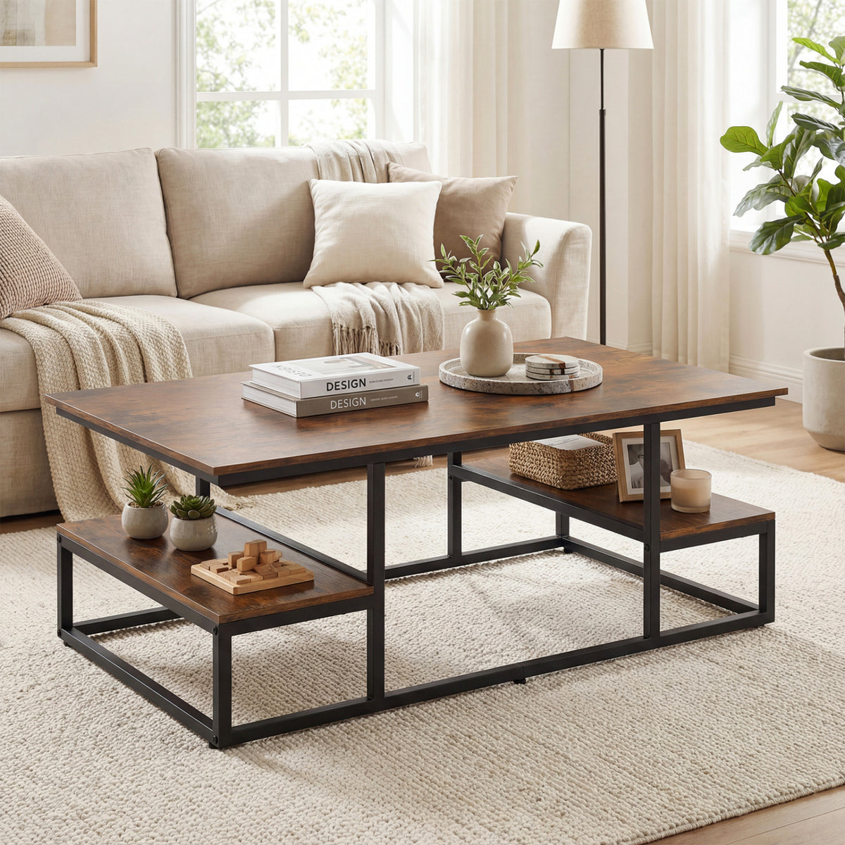 43" Rectangle Coffee Table with Storage and Open Shelves - Rustic Brown