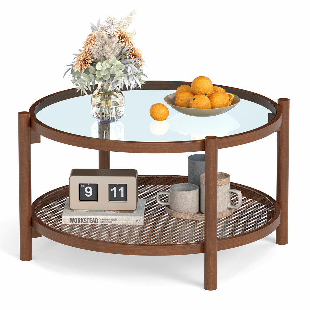 31 Inch Round Coffee Table with Tempered Glass Top - Cherry
