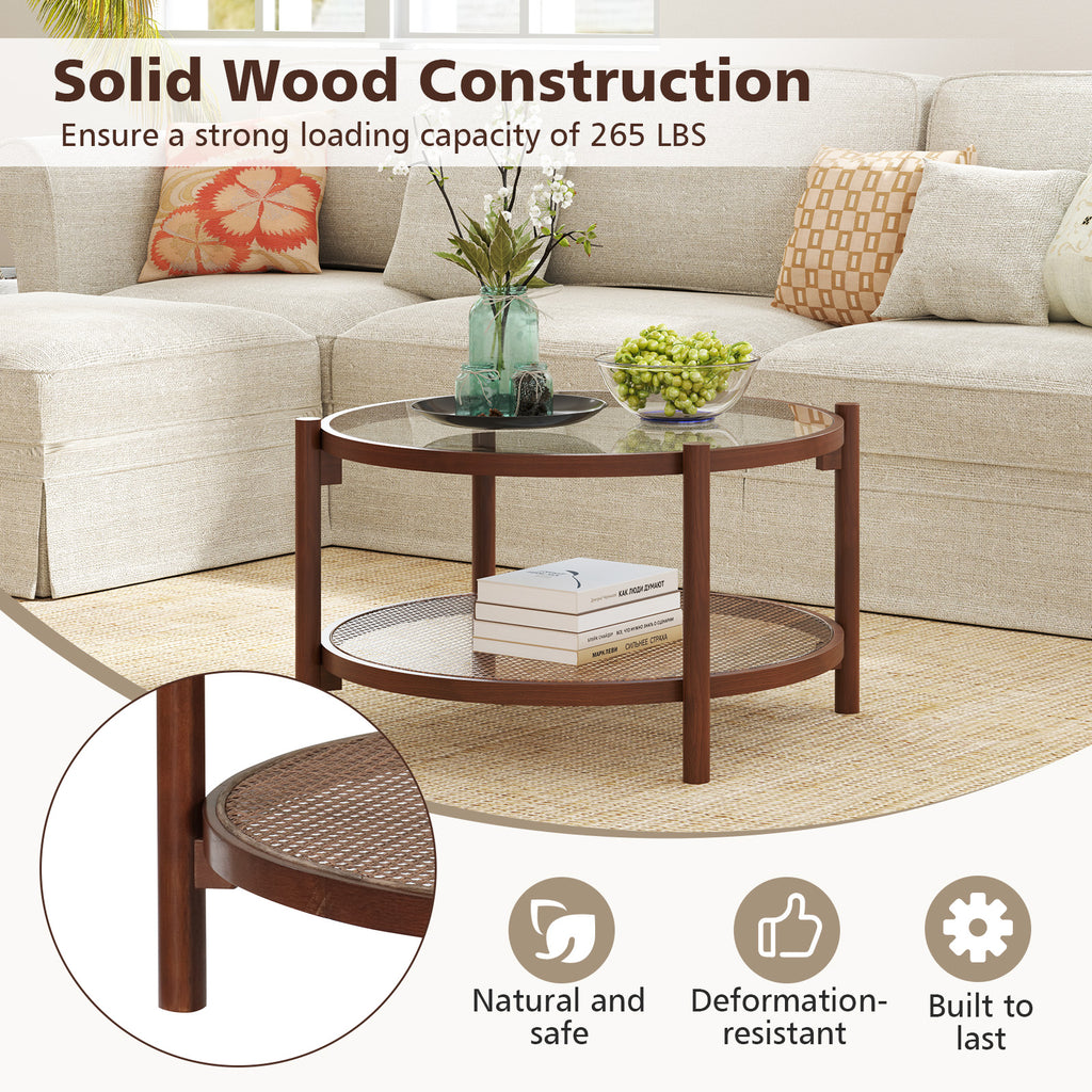 31 Inch Round Coffee Table with Tempered Glass Top - Cherry