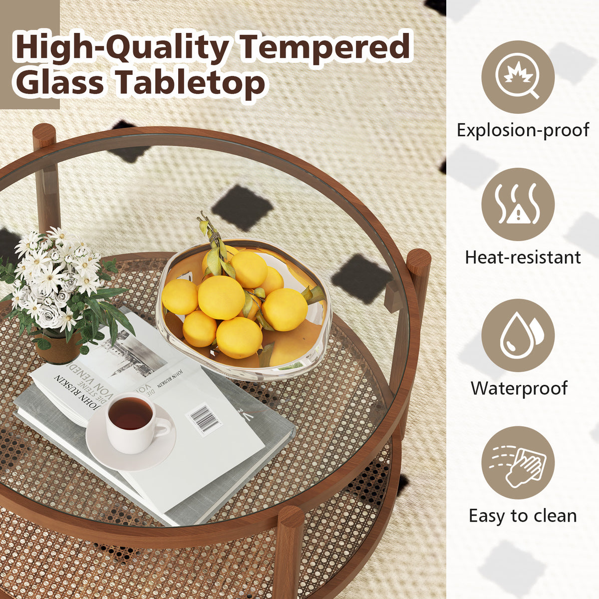 31 Inch Round Coffee Table with Tempered Glass Top - Cherry