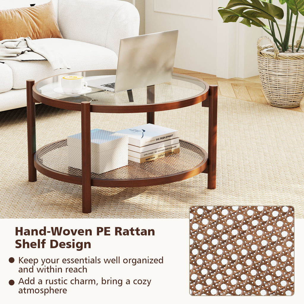 31 Inch Round Coffee Table with Tempered Glass Top - Cherry