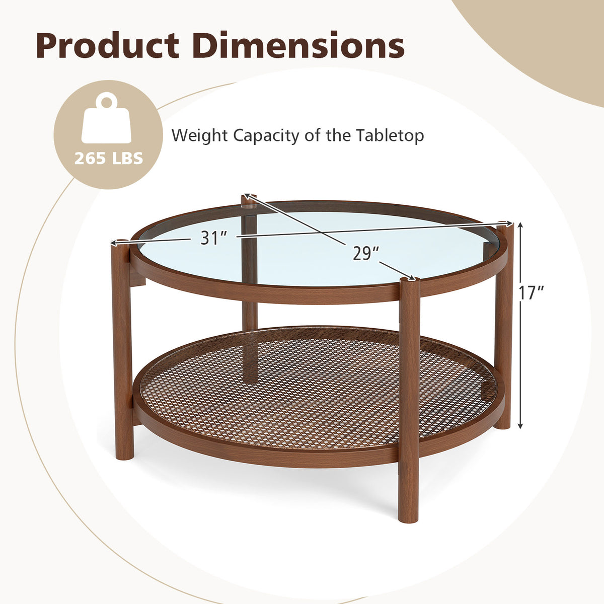 31 Inch Round Coffee Table with Tempered Glass Top - Cherry