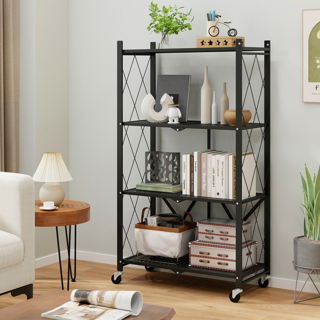4-Tier Foldable Storage Shelf with Lockable Wheels - Black