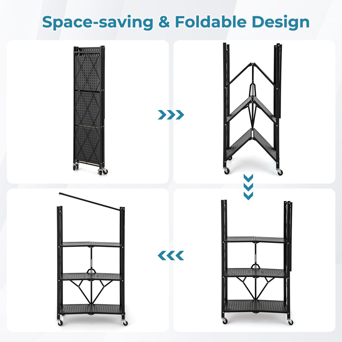 4-Tier Foldable Storage Shelf with Lockable Wheels - Black
