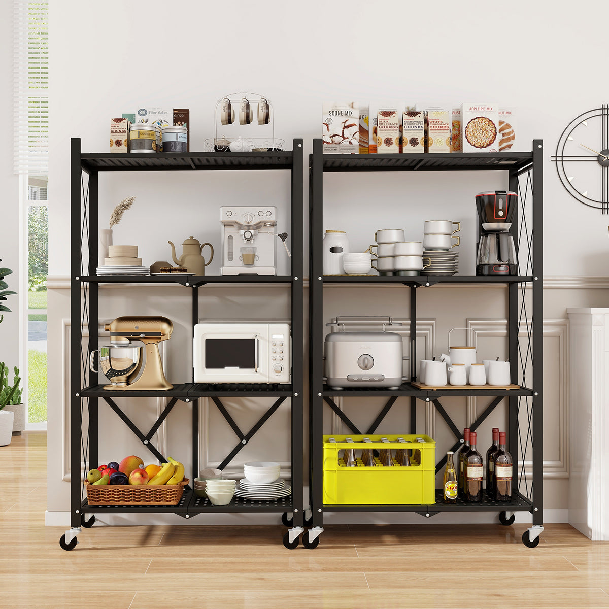 4-Tier Foldable Storage Shelf with Lockable Wheels - Black