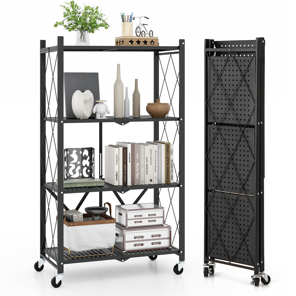 4-Tier Foldable Storage Shelf with Lockable Wheels - Black