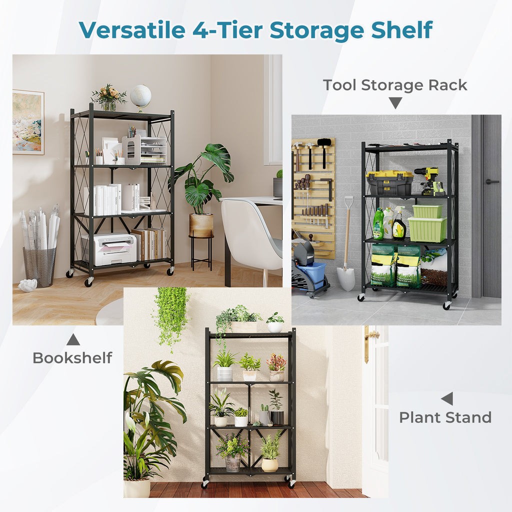 4-Tier Foldable Storage Shelf with Lockable Wheels - Black