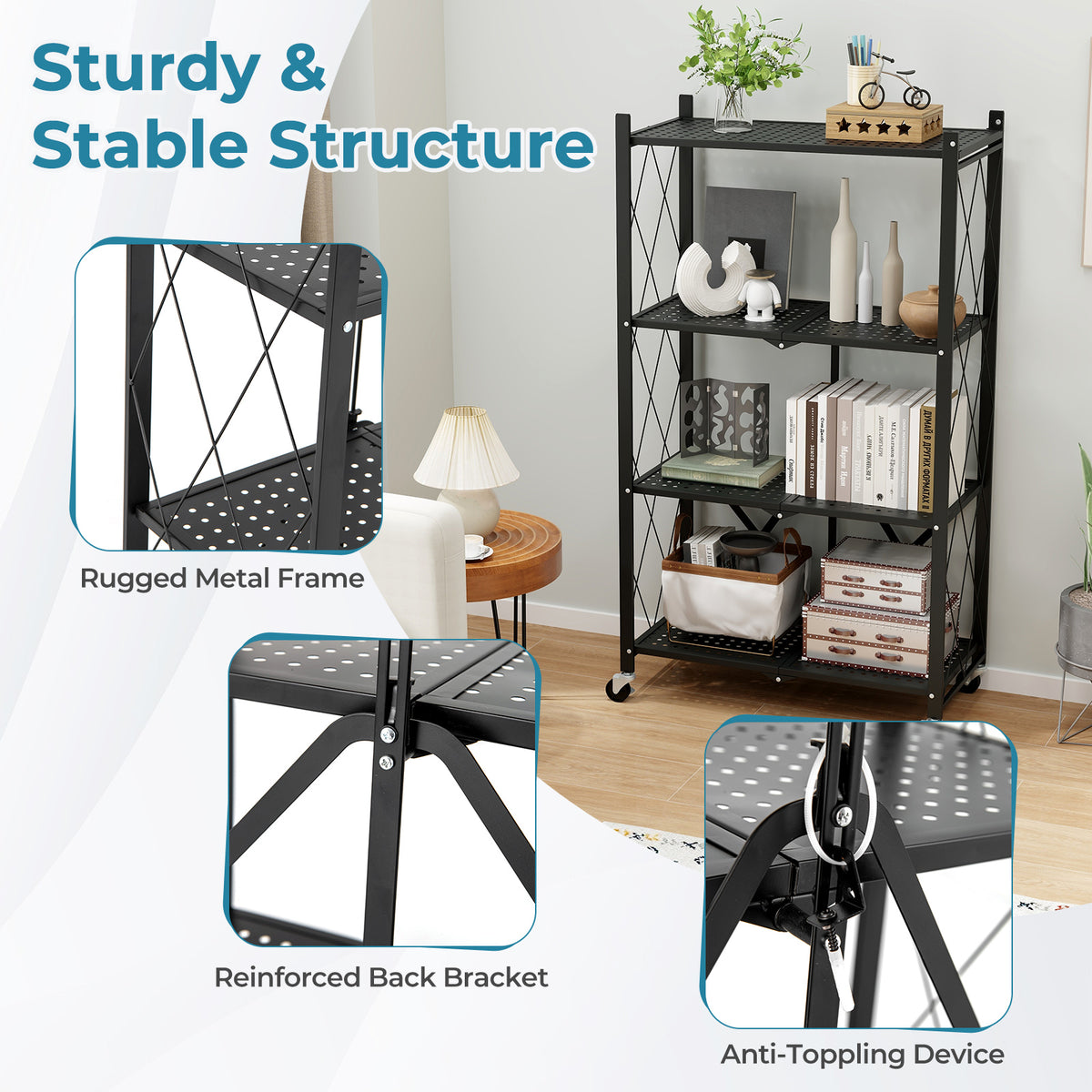 4-Tier Foldable Storage Shelf with Lockable Wheels - Black