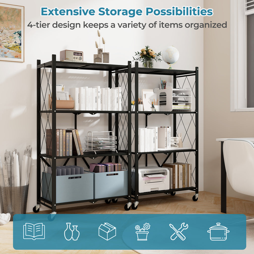 4-Tier Foldable Storage Shelf with Lockable Wheels - Black