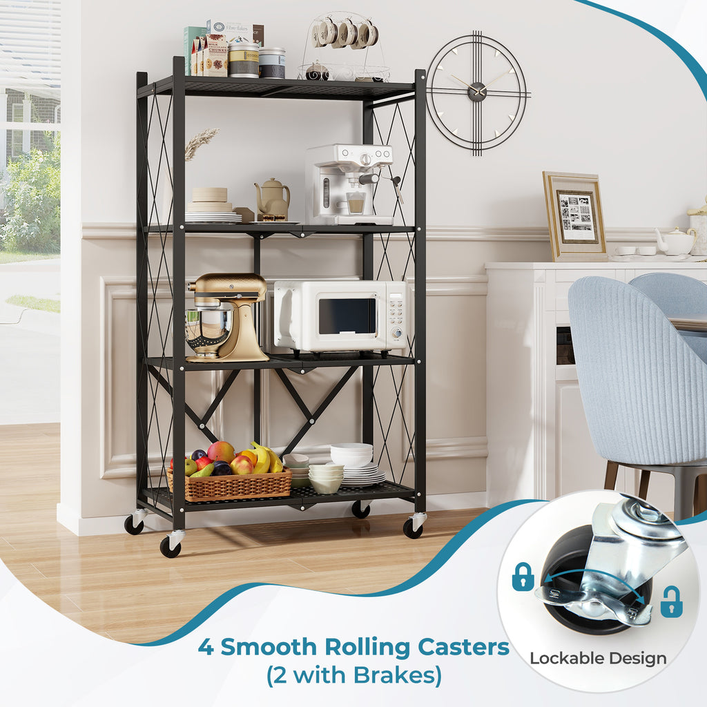 4-Tier Foldable Storage Shelf with Lockable Wheels - Black