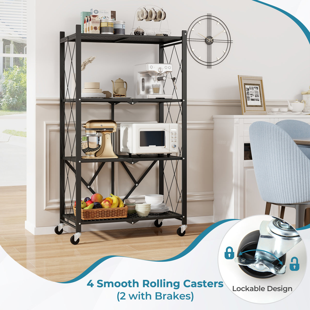 4-Tier Foldable Storage Shelf with Lockable Wheels - Black