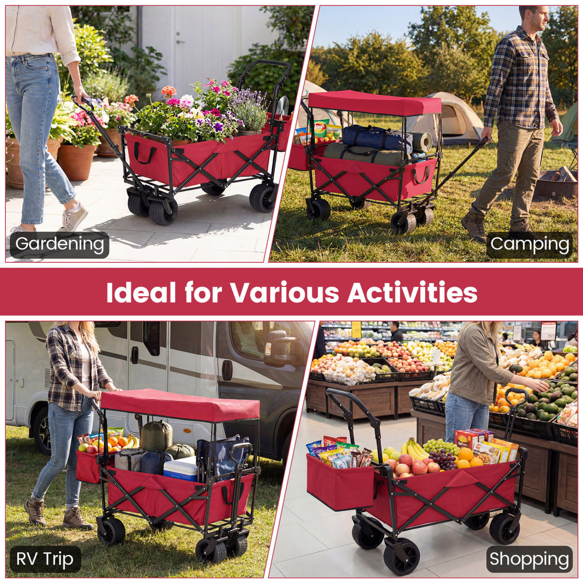 Collapsible Wagon with Canopy and Storage Bag - Red