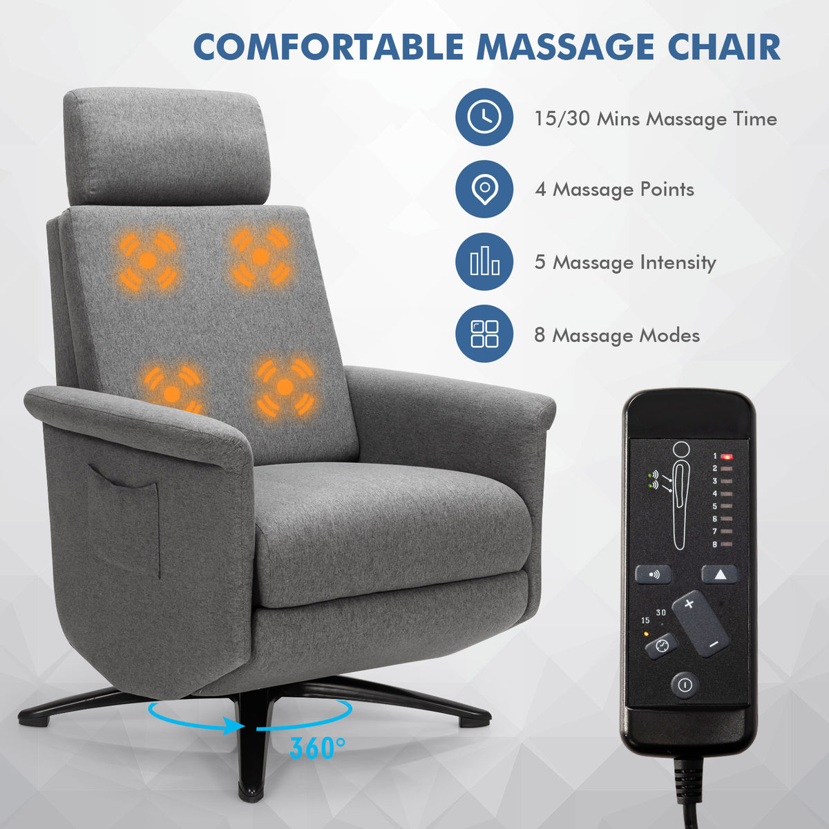 Swivel Massage Recliner Chair with Adjustable Headrest - Gray