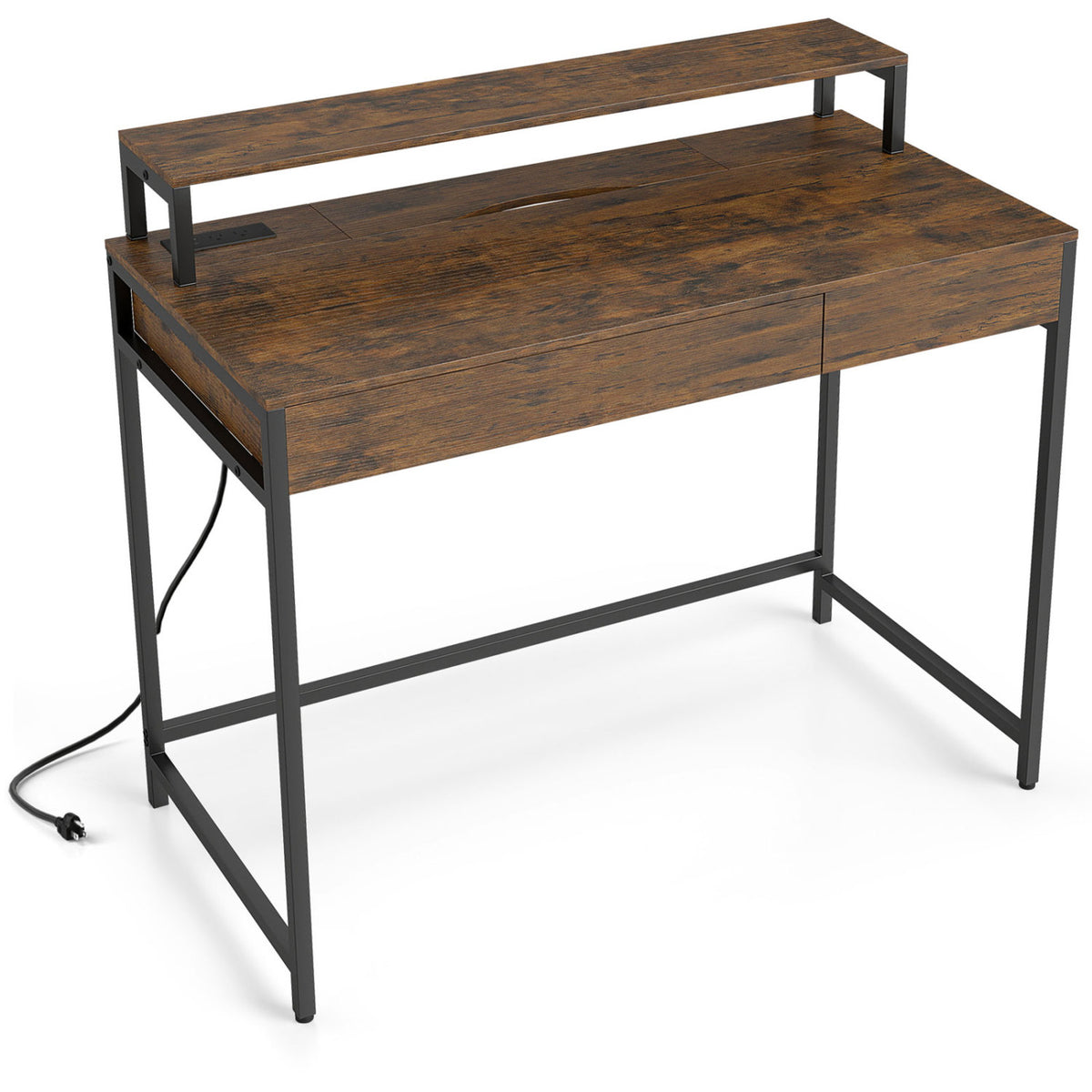 Compact Office Desk with Monitor Shelf & Drawer - White