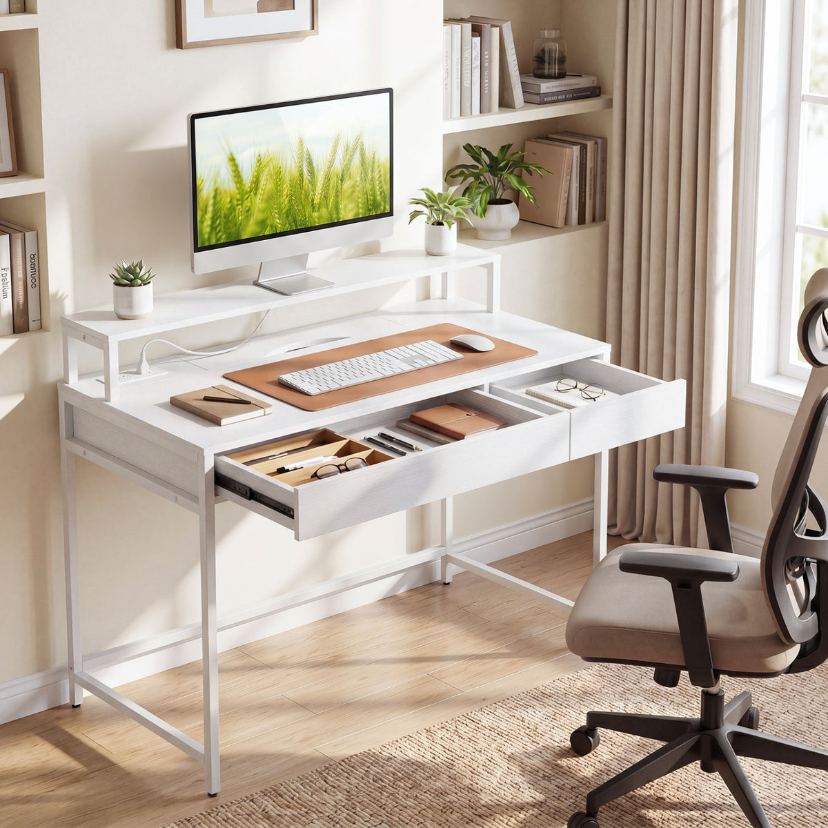 Compact Office Desk with Monitor Shelf & Drawer - White