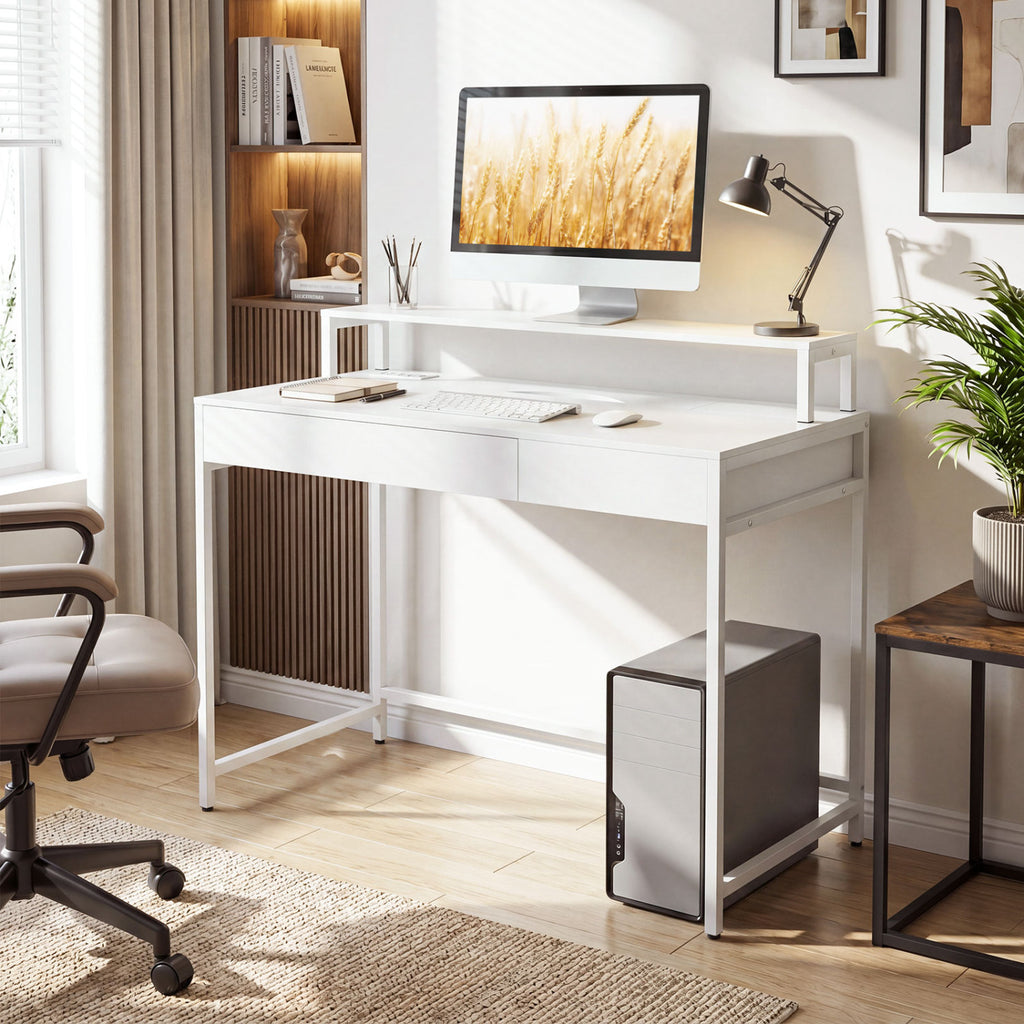 Compact Office Desk with Monitor Shelf & Drawer - White