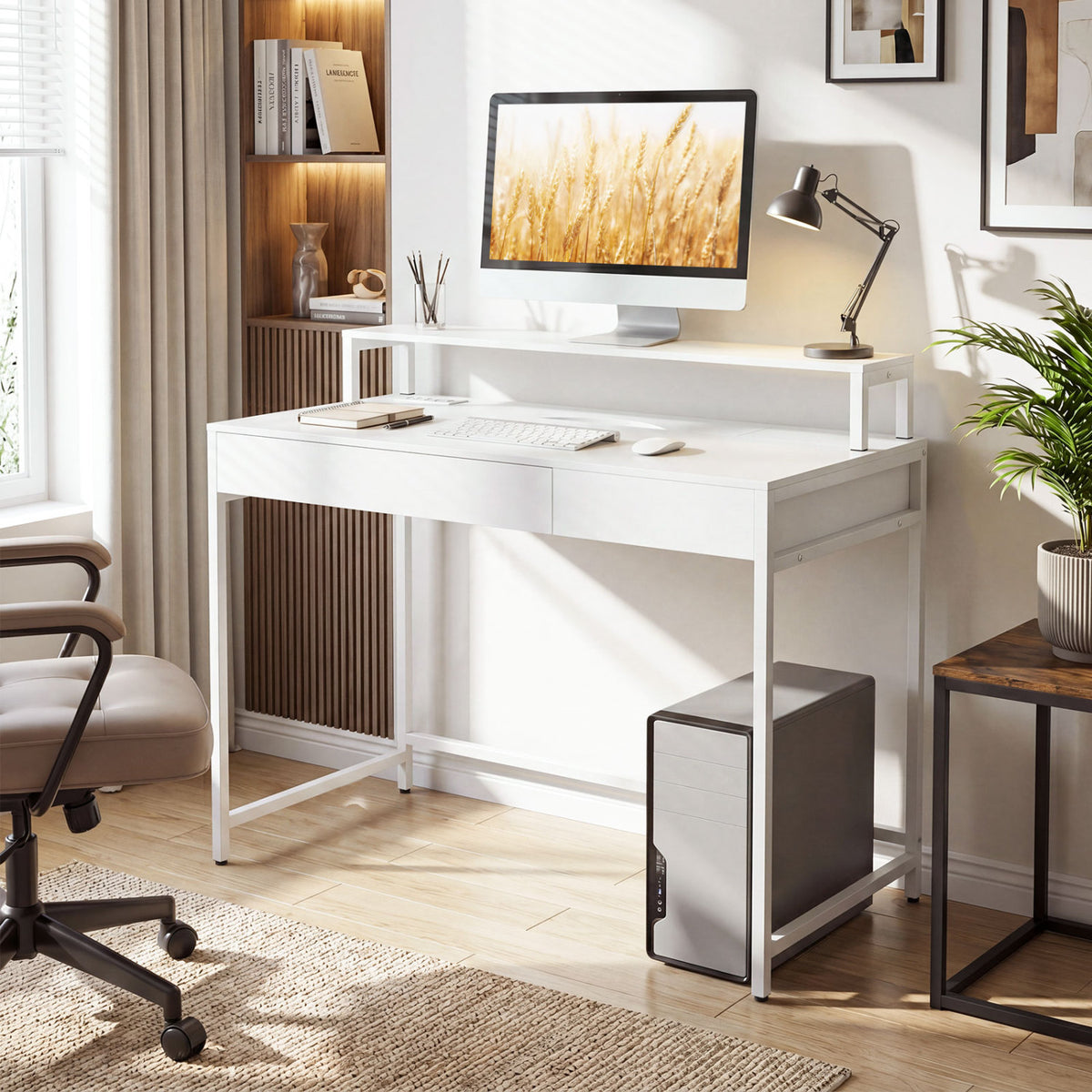 Compact Office Desk with Monitor Shelf & Drawer - White