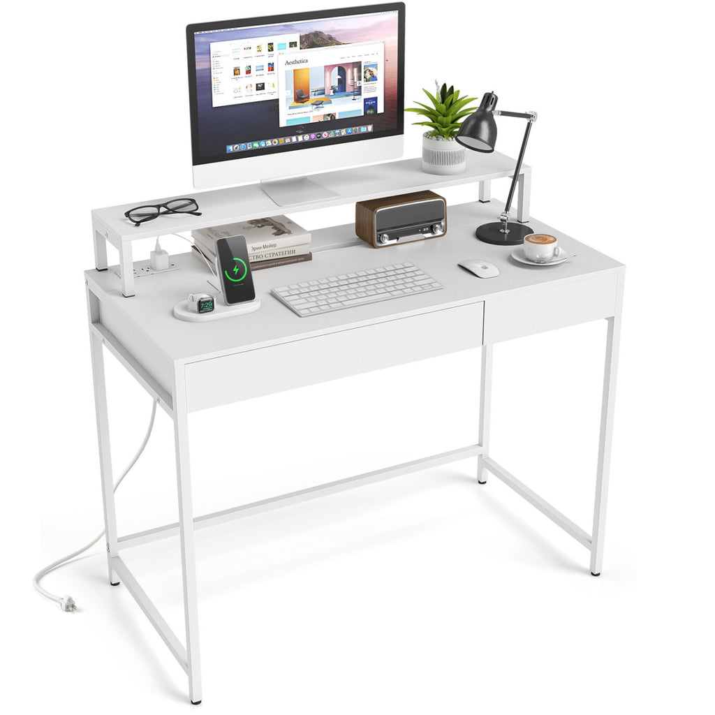 Compact Office Desk with Monitor Shelf & Drawer - White