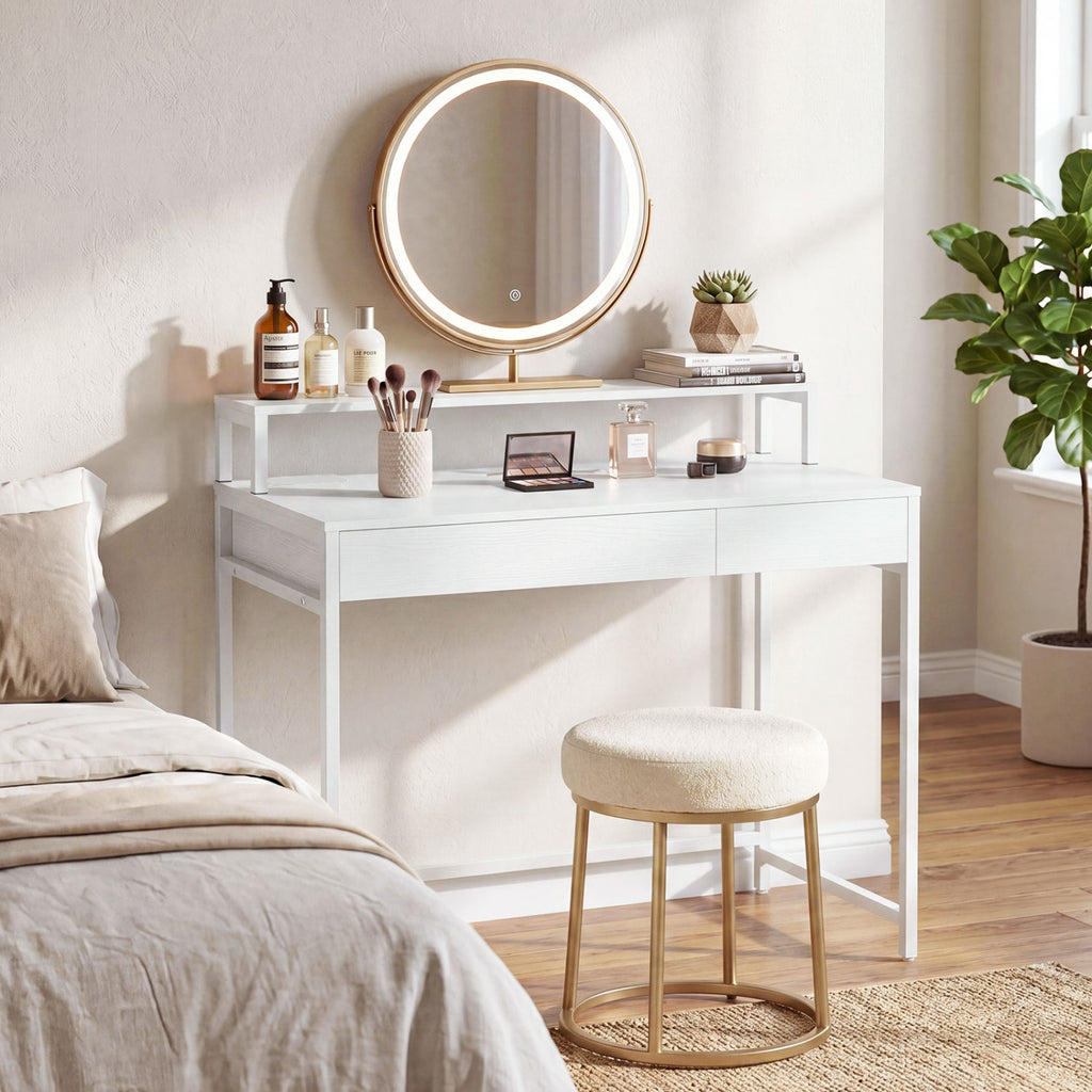 Compact Office Desk with Monitor Shelf & Drawer - White