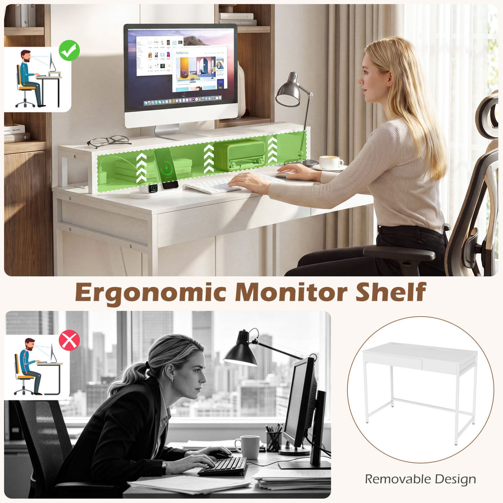 Compact Office Desk with Monitor Shelf & Drawer - White
