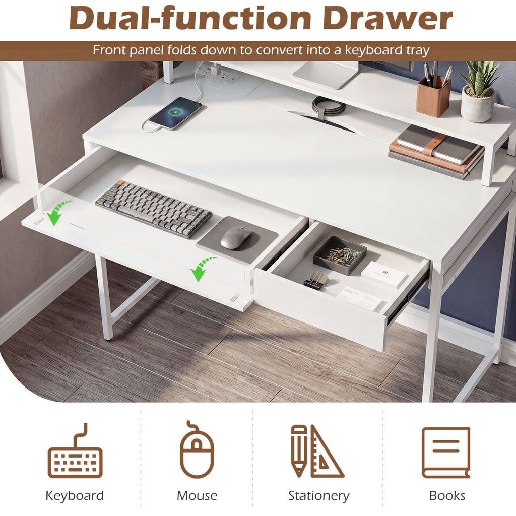 Compact Office Desk with Monitor Shelf & Drawer - White