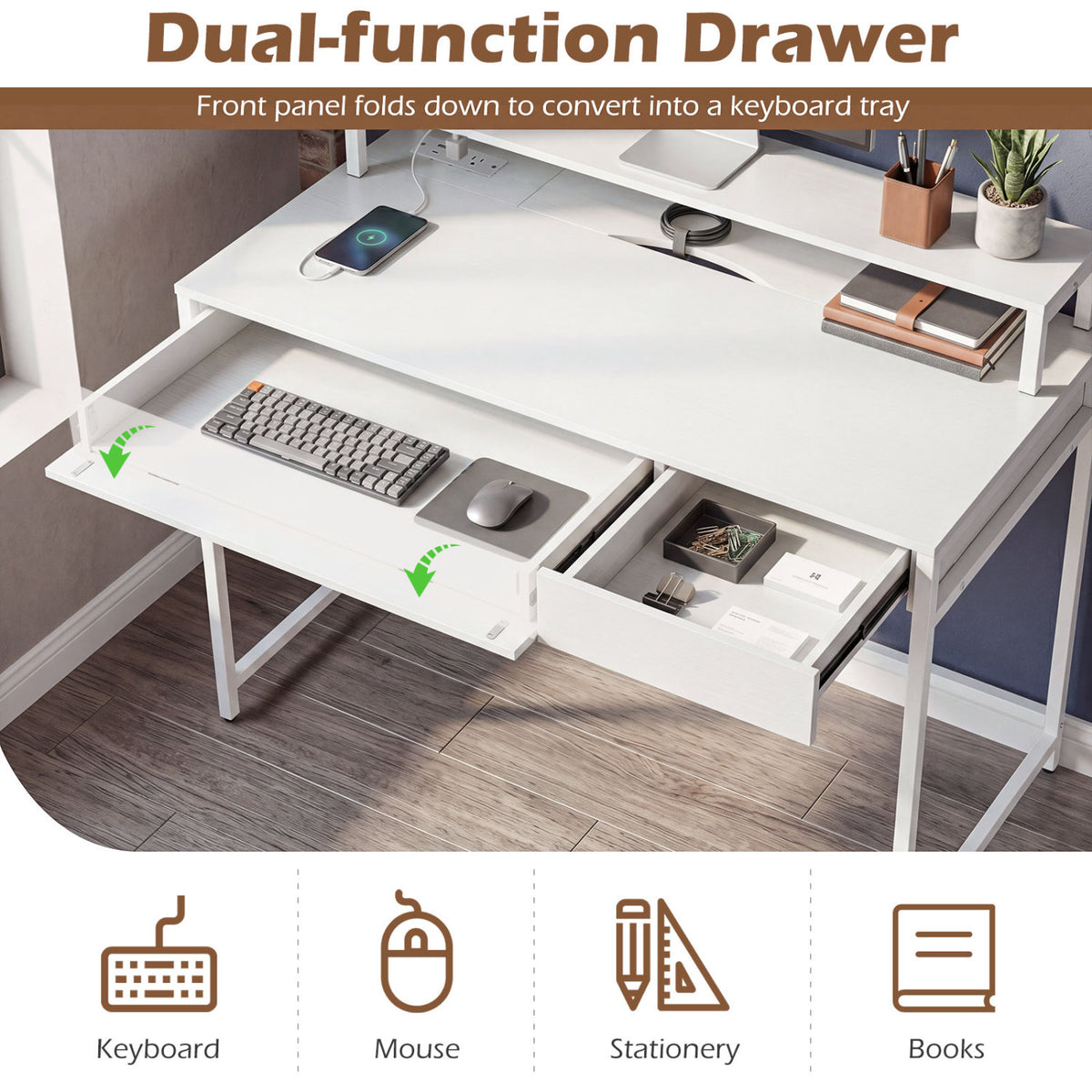Compact Office Desk with Monitor Shelf & Drawer - White