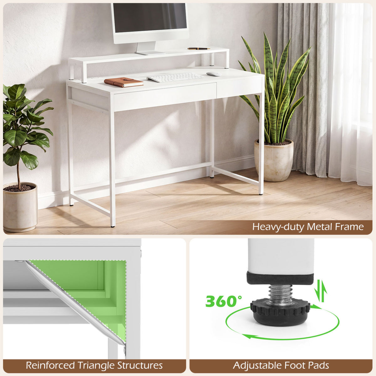 Compact Office Desk with Monitor Shelf & Drawer - White