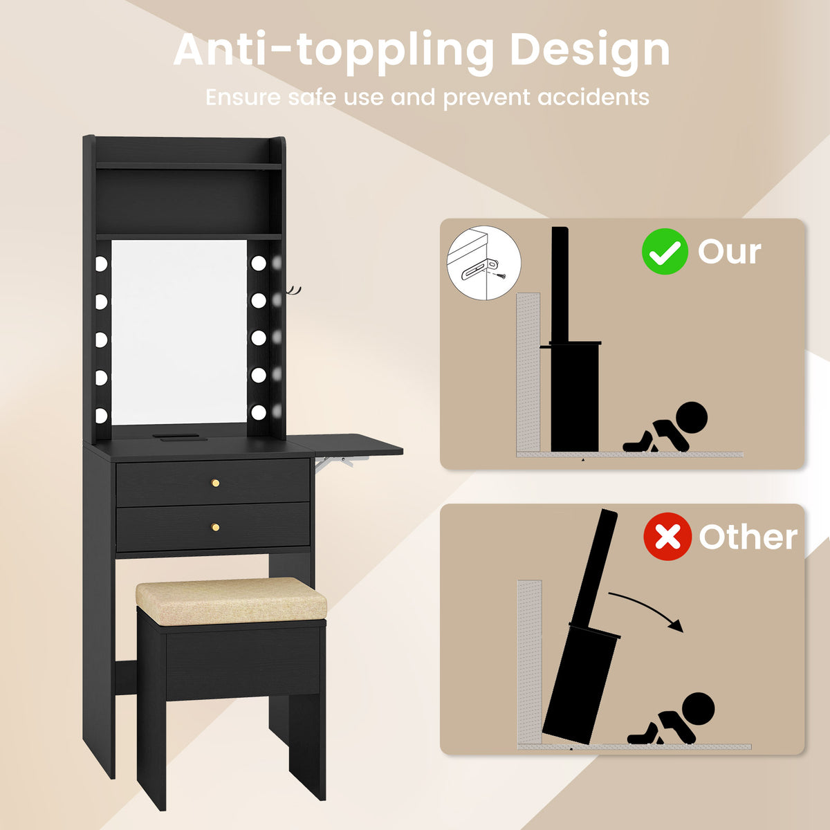 Compact Vanity Desk with 3-Color Lighted Mirror & Power Outlets - Black