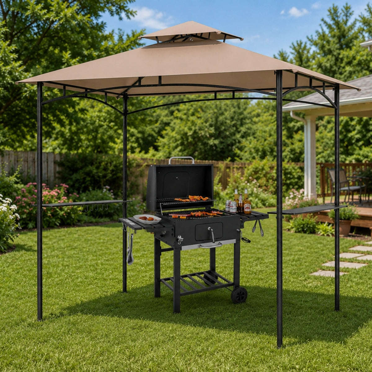 Outdoor Charcoal BBQ Grill with Foldable Side Tables & Wheels