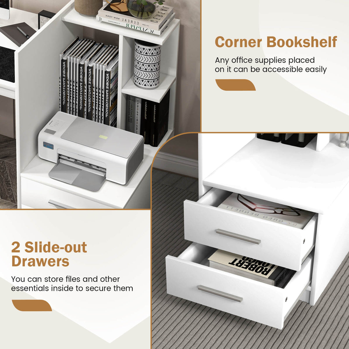 Computer Desk with Bookshelf and Drawers - White