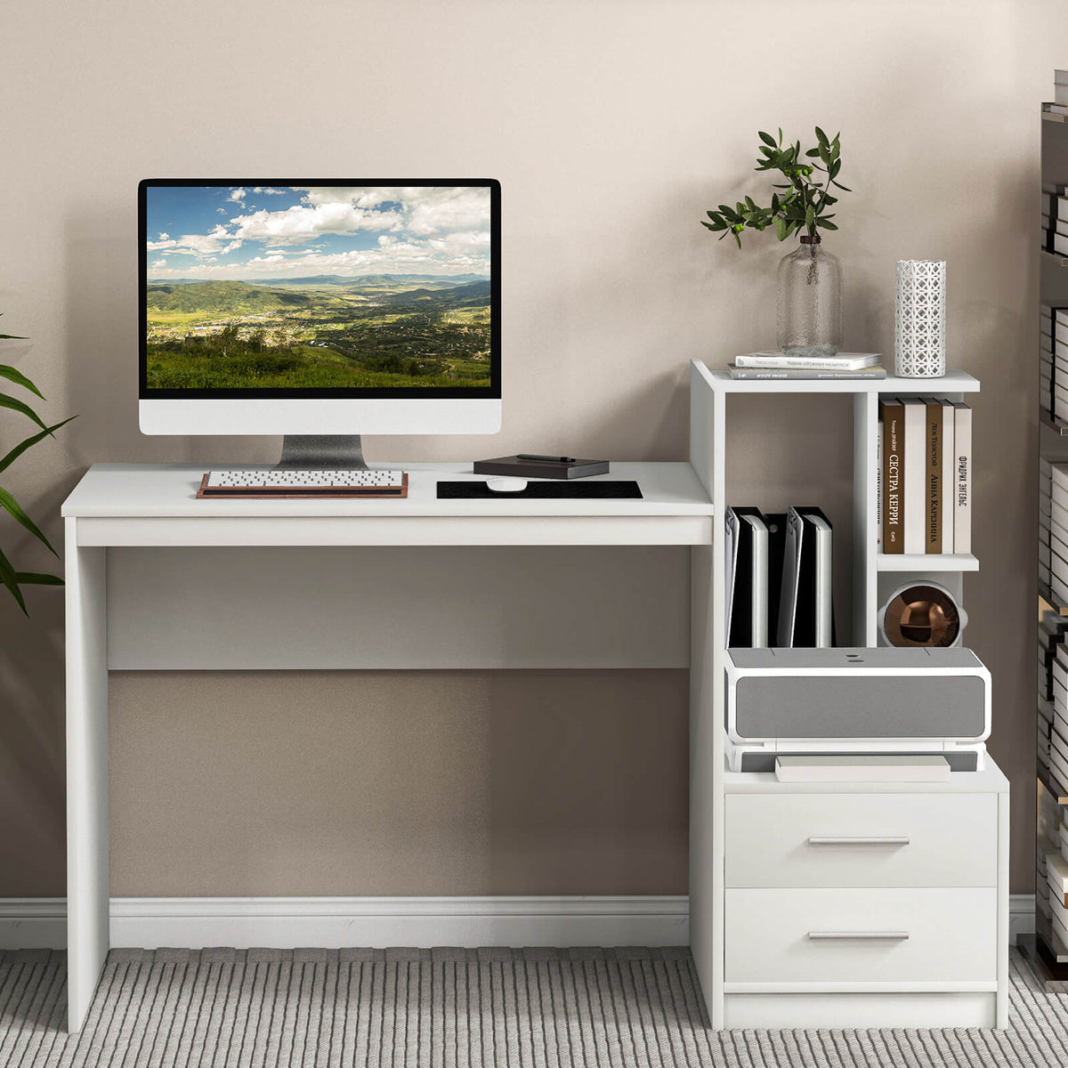 Computer Desk with Bookshelf and Drawers - White