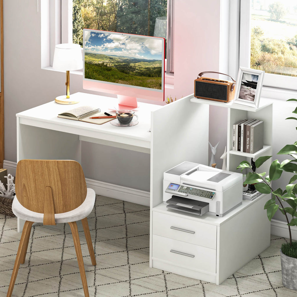 Computer Desk with Bookshelf and Drawers - White