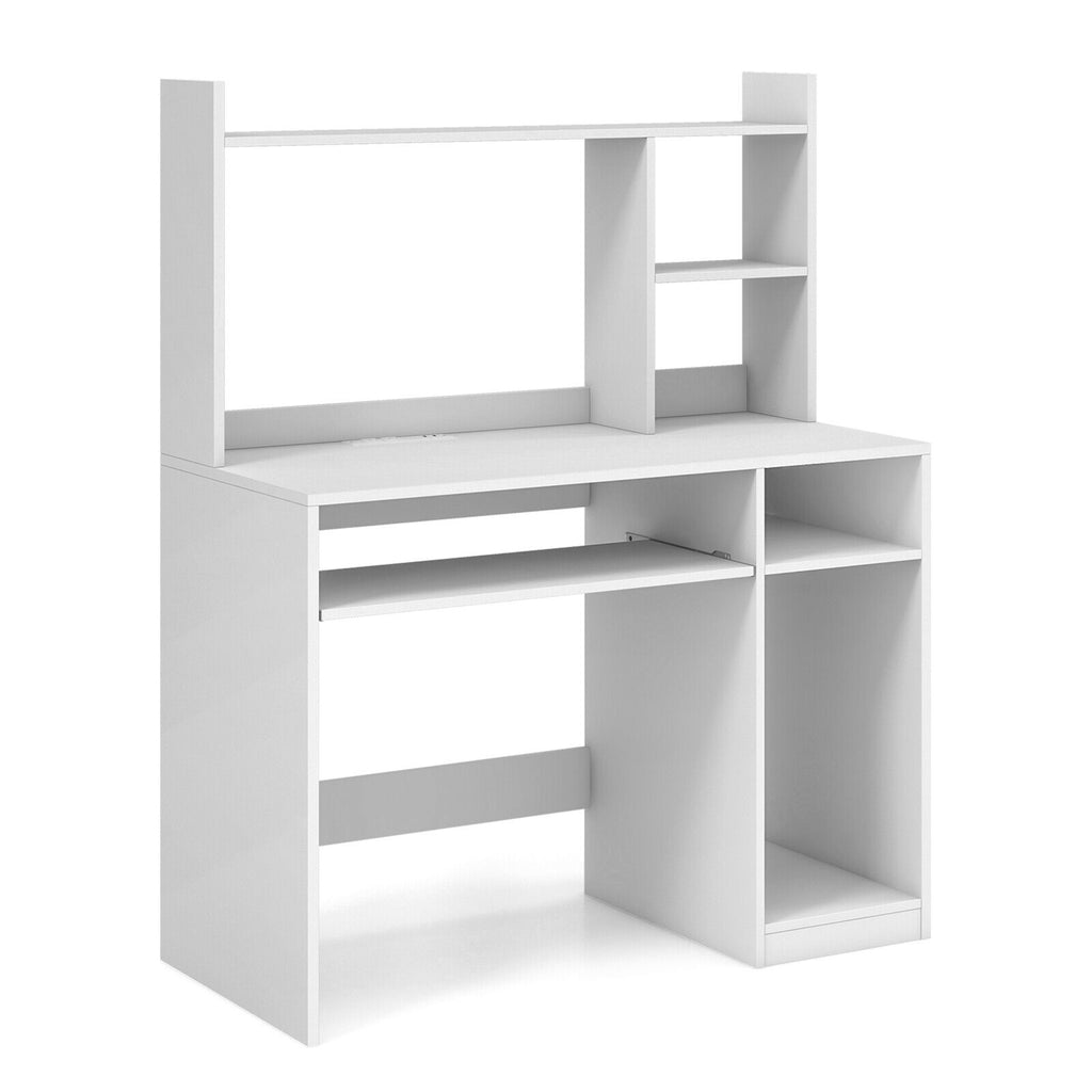 Home Office Computer Desk with Bookcase & Keyboard Tray – White