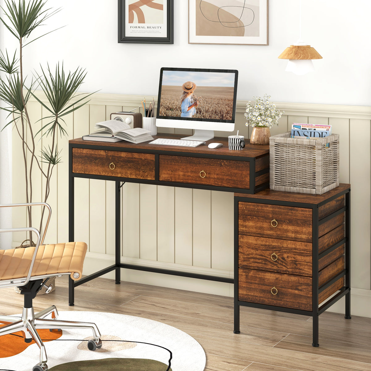 Computer Desk with 5 Drawers & File Cabinet – Gray