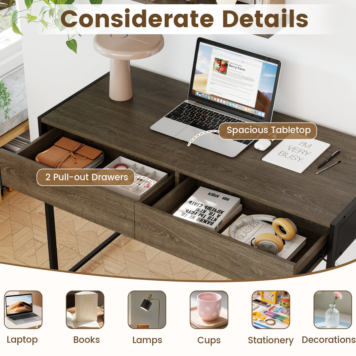 44-Inch Computer Desk with 2 Drawers - Oak