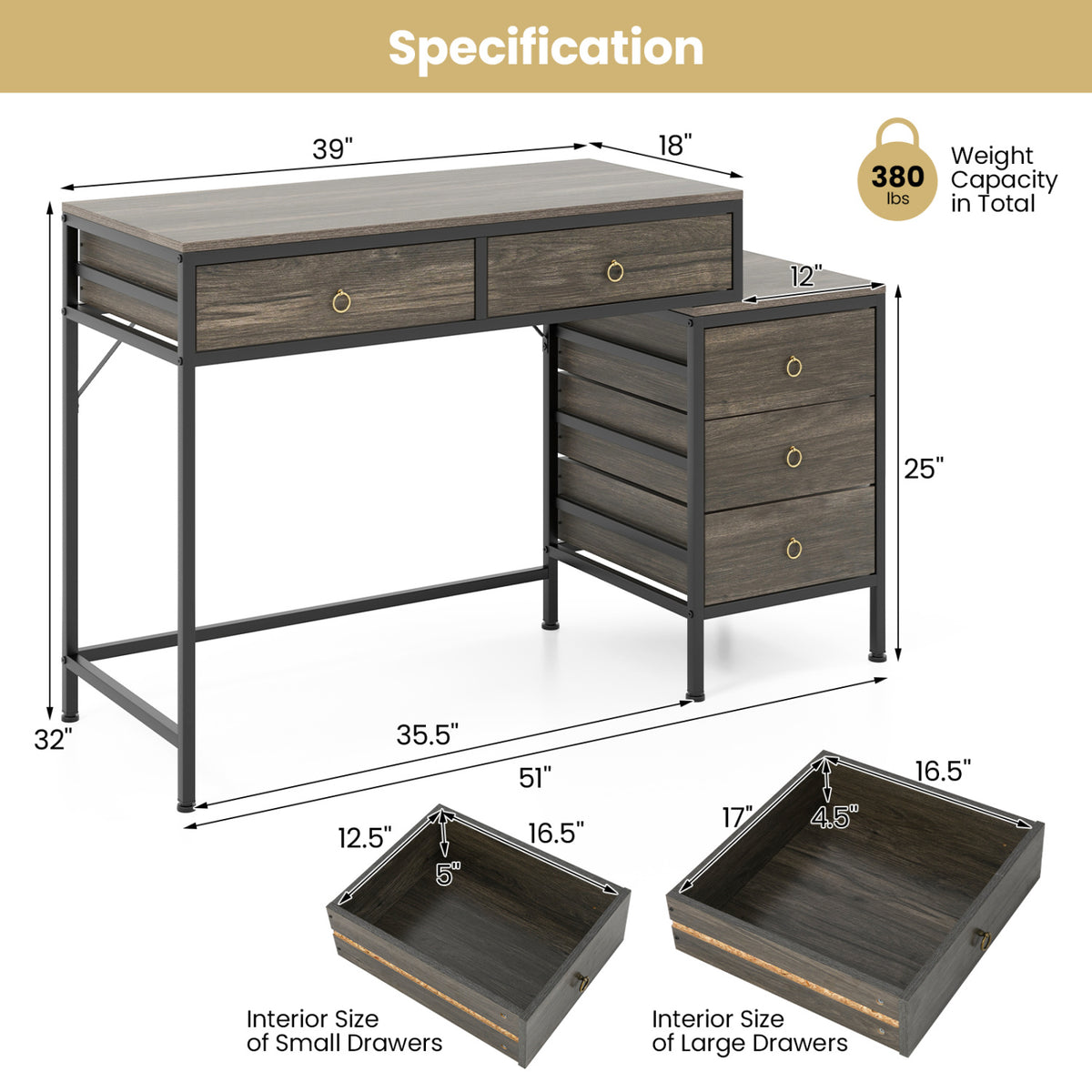 Computer Desk with 5 Drawers & File Cabinet – Gray