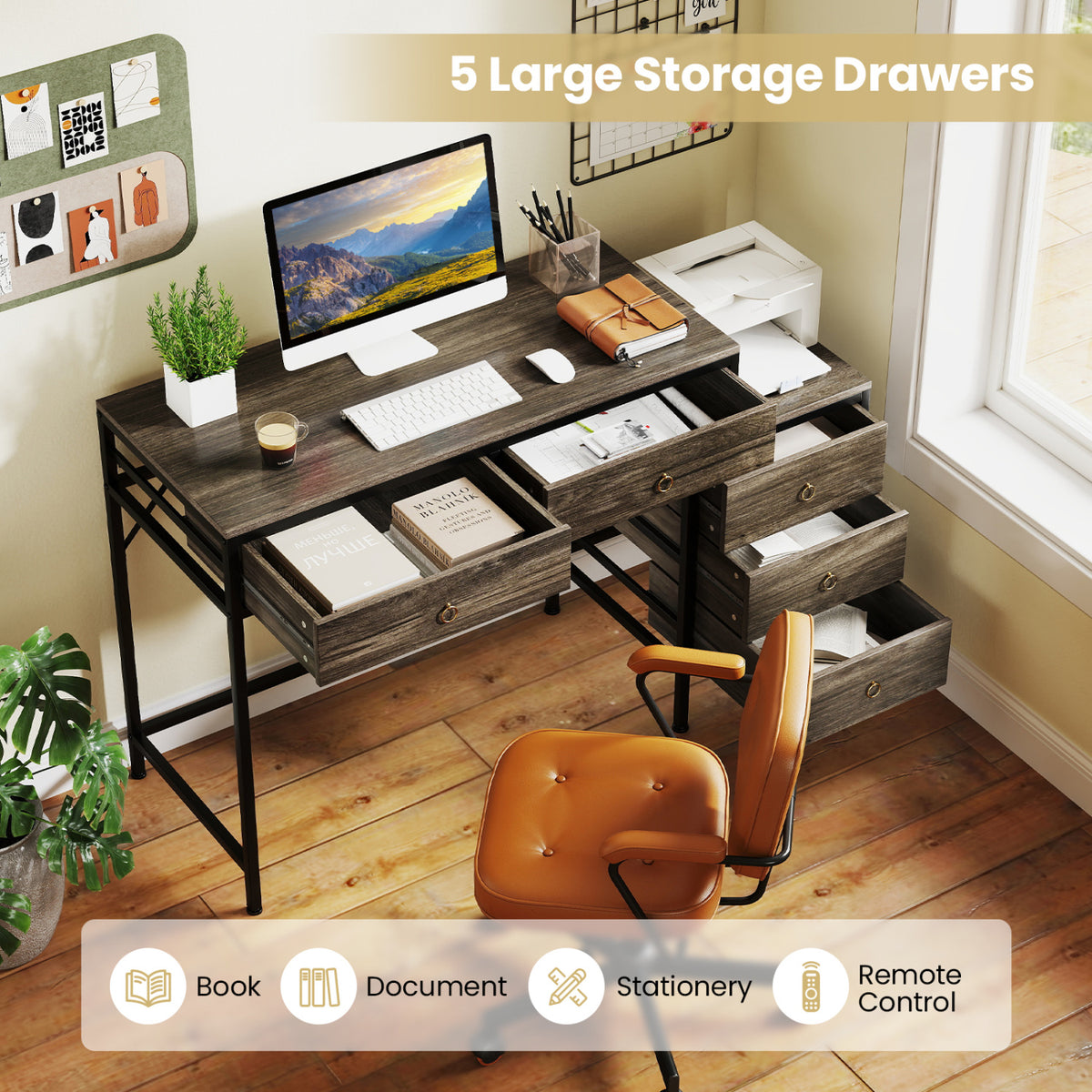 Computer Desk with 5 Drawers & File Cabinet – Gray