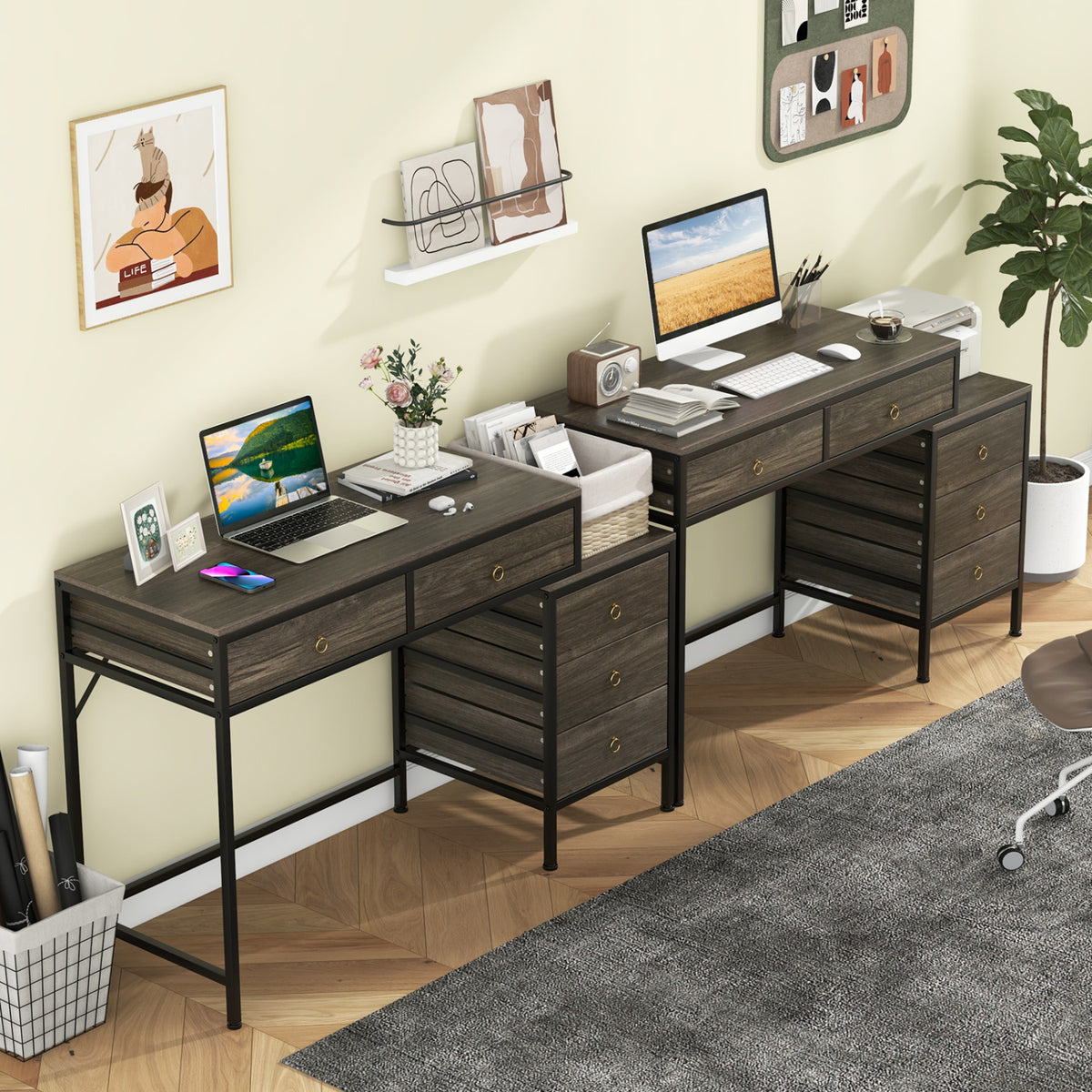 Computer Desk with 5 Drawers & File Cabinet – Gray