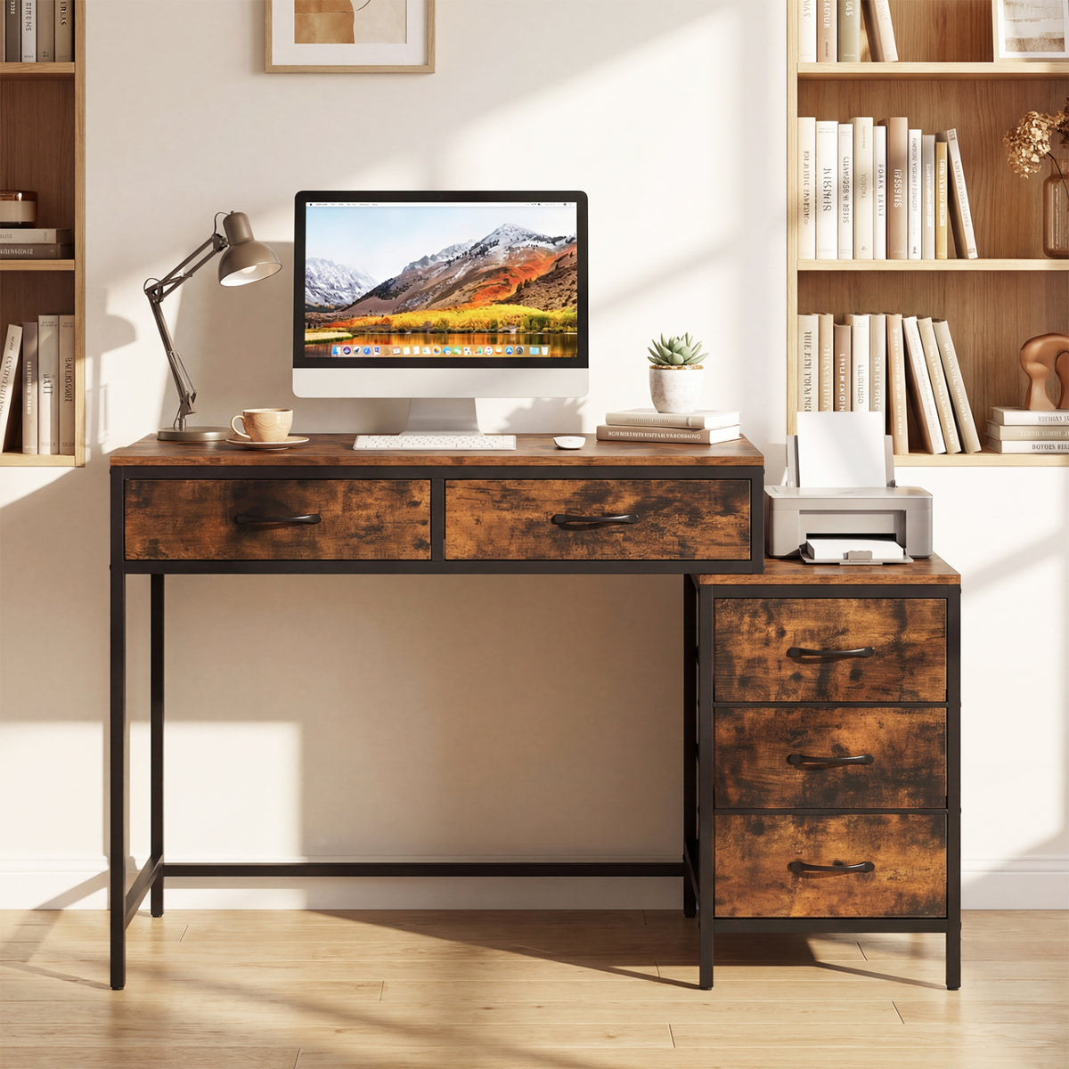 Computer Desk with 5 Drawers and Printer Stand - Rustic Brown