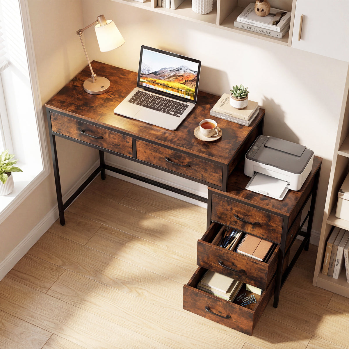 Computer Desk with 5 Drawers and Printer Stand - Rustic Brown